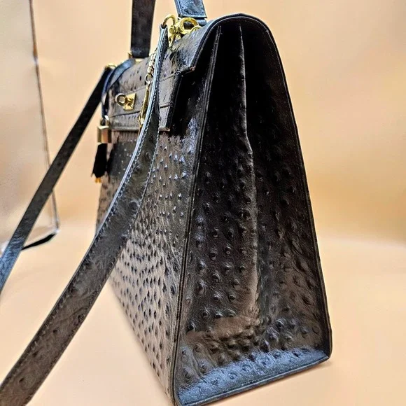 Andalossi Ostrich Embossed Leather Satchel Handbag With Lock‎ Charm and Dust Bag